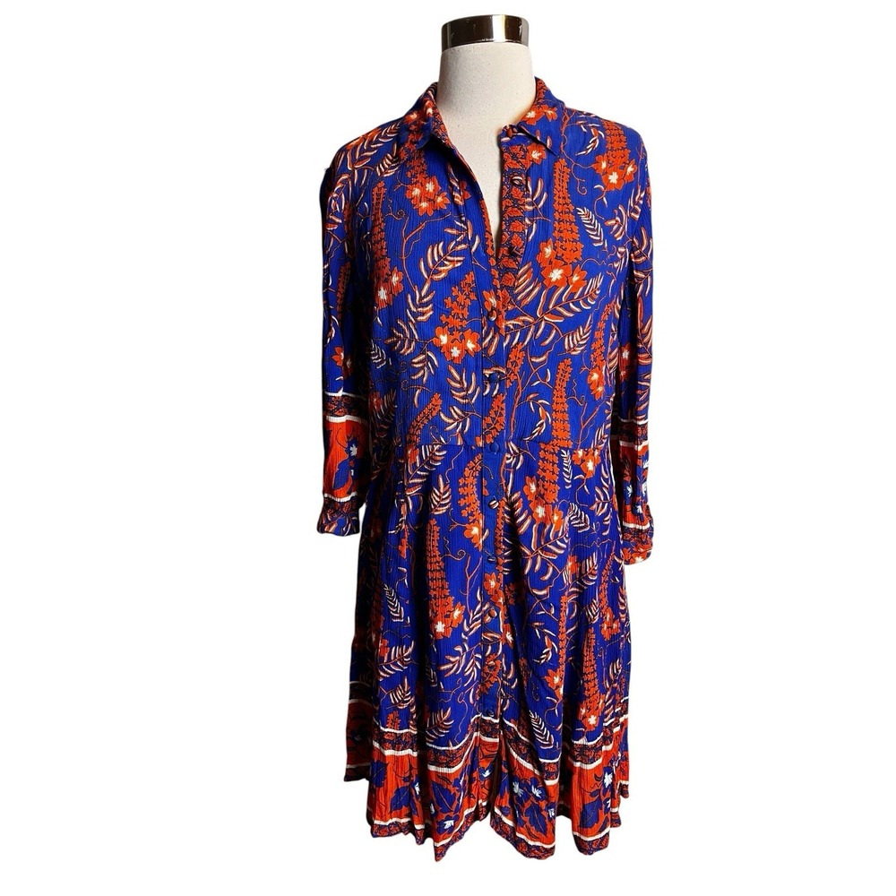 Derhy Dress Large Blue Orange Floral Paisley Print Button Front